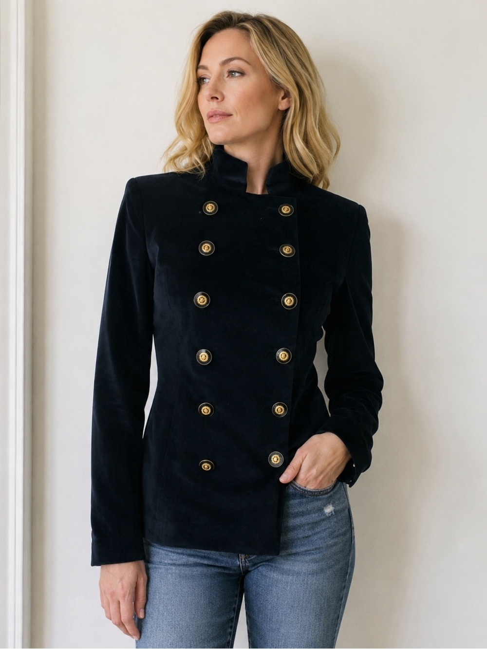 NWT WOMEN VELOUR BLAZER DOUBLE-BREASTED LINED MILITARY‎ JACKET IN NAVY